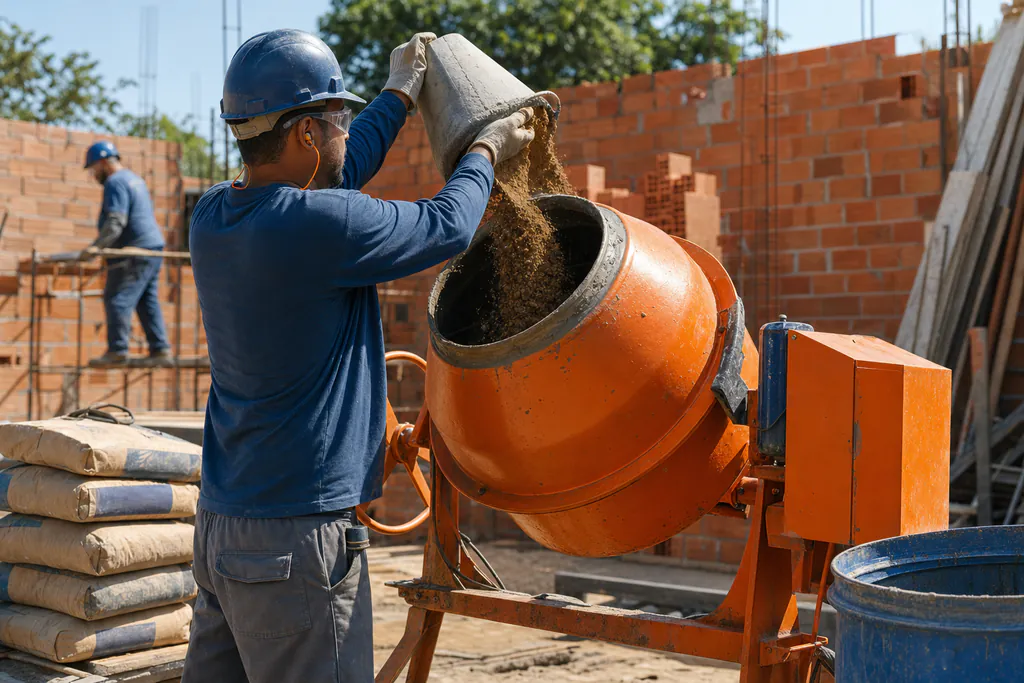 Pedreiro usando betoneira com EPI para preparar argamassa em obra