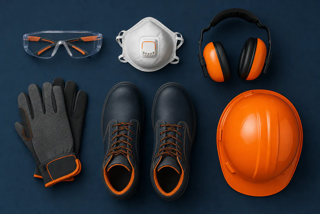 Equipamentos de proteção individual para obra: óculos, máscara PFF2, abafador, luvas, botina e capacete