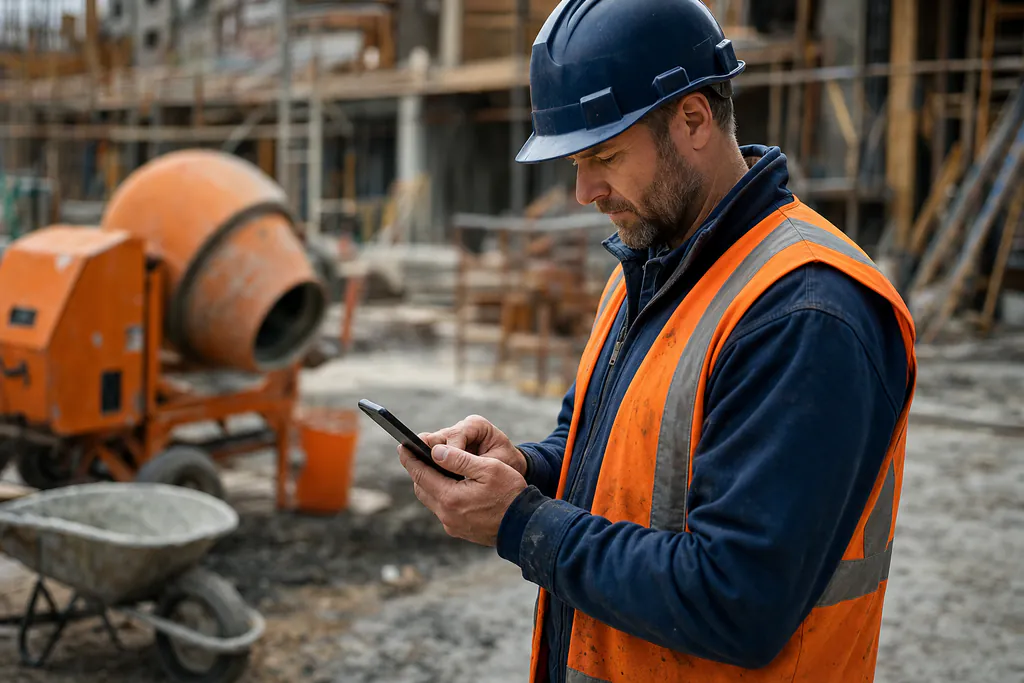 Mestre de obras enviando mensagem pelo celular para alugar equipamento
