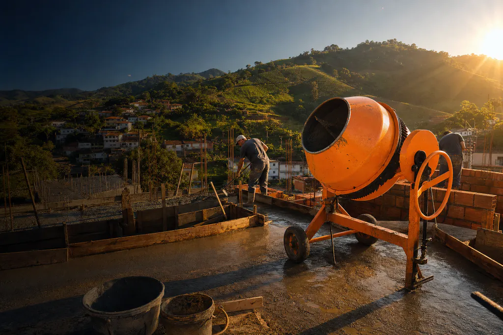 Betoneira laranja em obra residencial com montanhas e cafezais da Zona da Mata mineira ao fundo