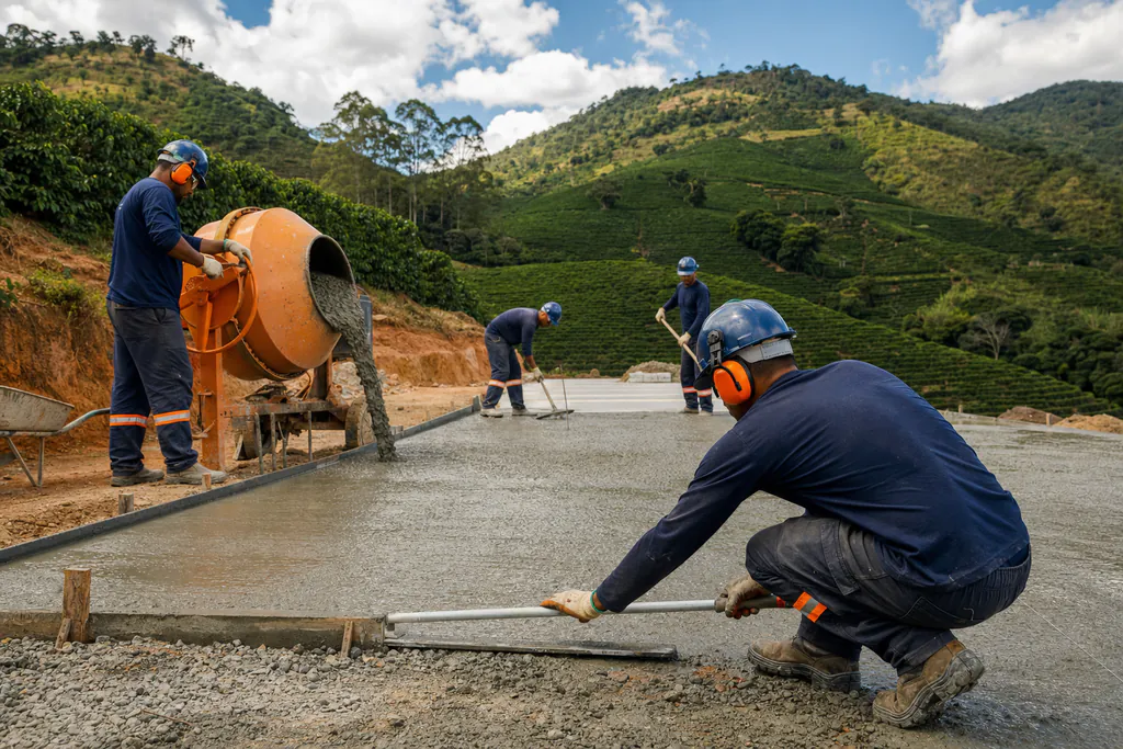 Construção de terreiro de café com betoneira em propriedade rural de Minas Gerais